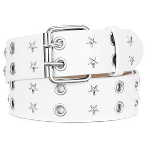 4123 Women Double Grommet Studded Belts, White Leather Belt For Men